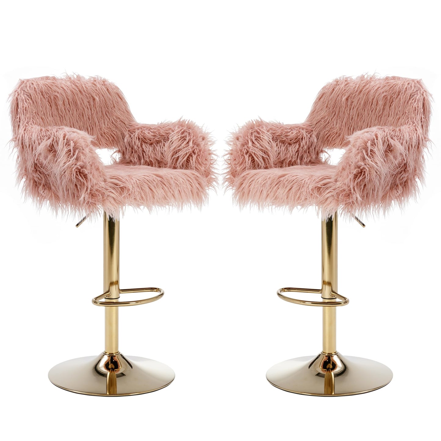 Pink Bar Stools Set of 2, Fuzzy Gold Counter Stools for Kitchen Island