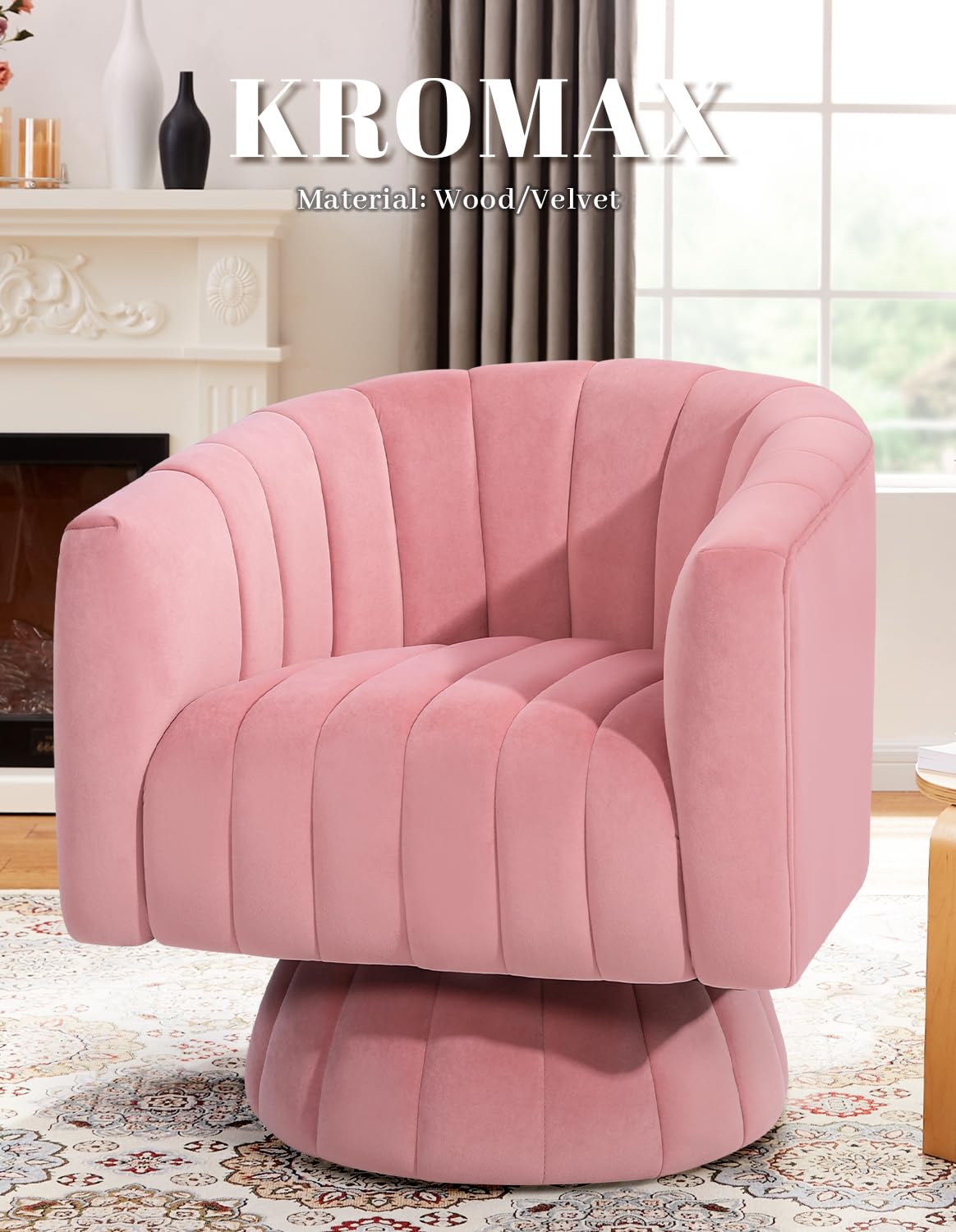 Swivel Barrel Chair with Armrest, Overstuffed Tufted Velvet, Pink