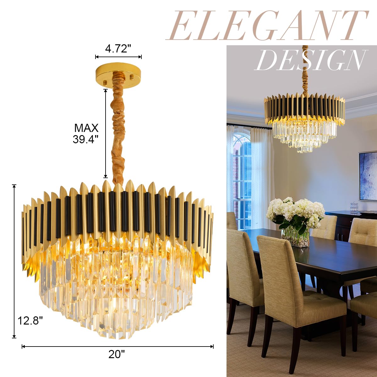 24" Crystal Chandelier Modern Gold 9-Light 5-Tier Luxury