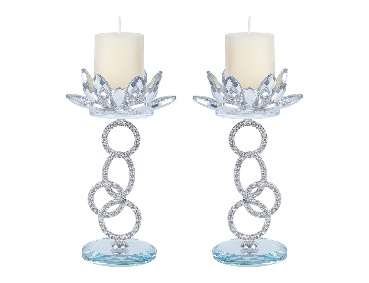 Set of 2, Lotus Flower Holder, Crystal Mirror Base, Silver Metal Bracket