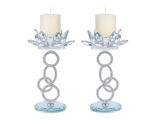 Set of 2, Lotus Flower Holder, Crystal Mirror Base, Silver Metal Bracket