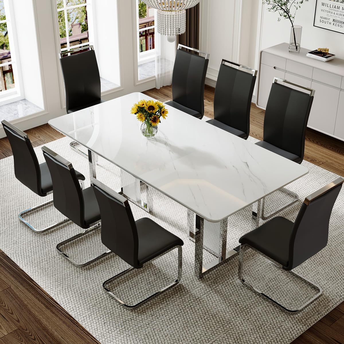 79" Black Modern Dining Table Set for 8,Black Golden Chairs