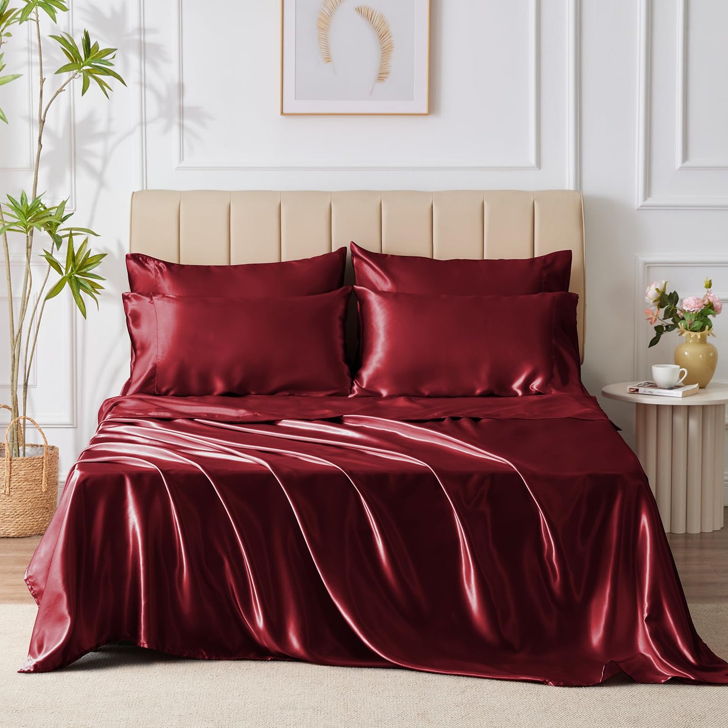 4 Piece Burgundy Bed Sheet Set with Silky Microfiber, 1 Deep Pocket Fitted Sheet