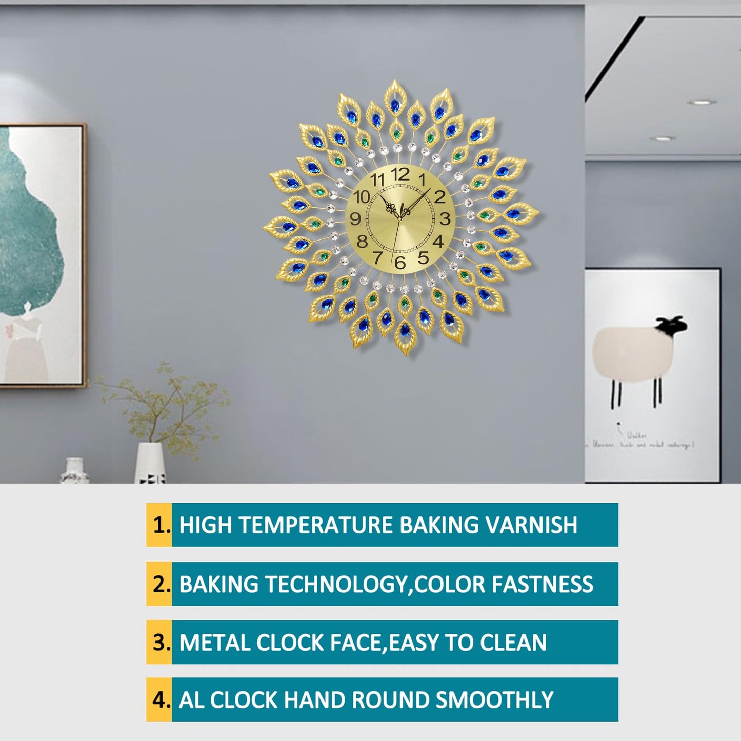 24 Inch Modern Metal Wall Clock Unique Design, Large Silent Battery Operated