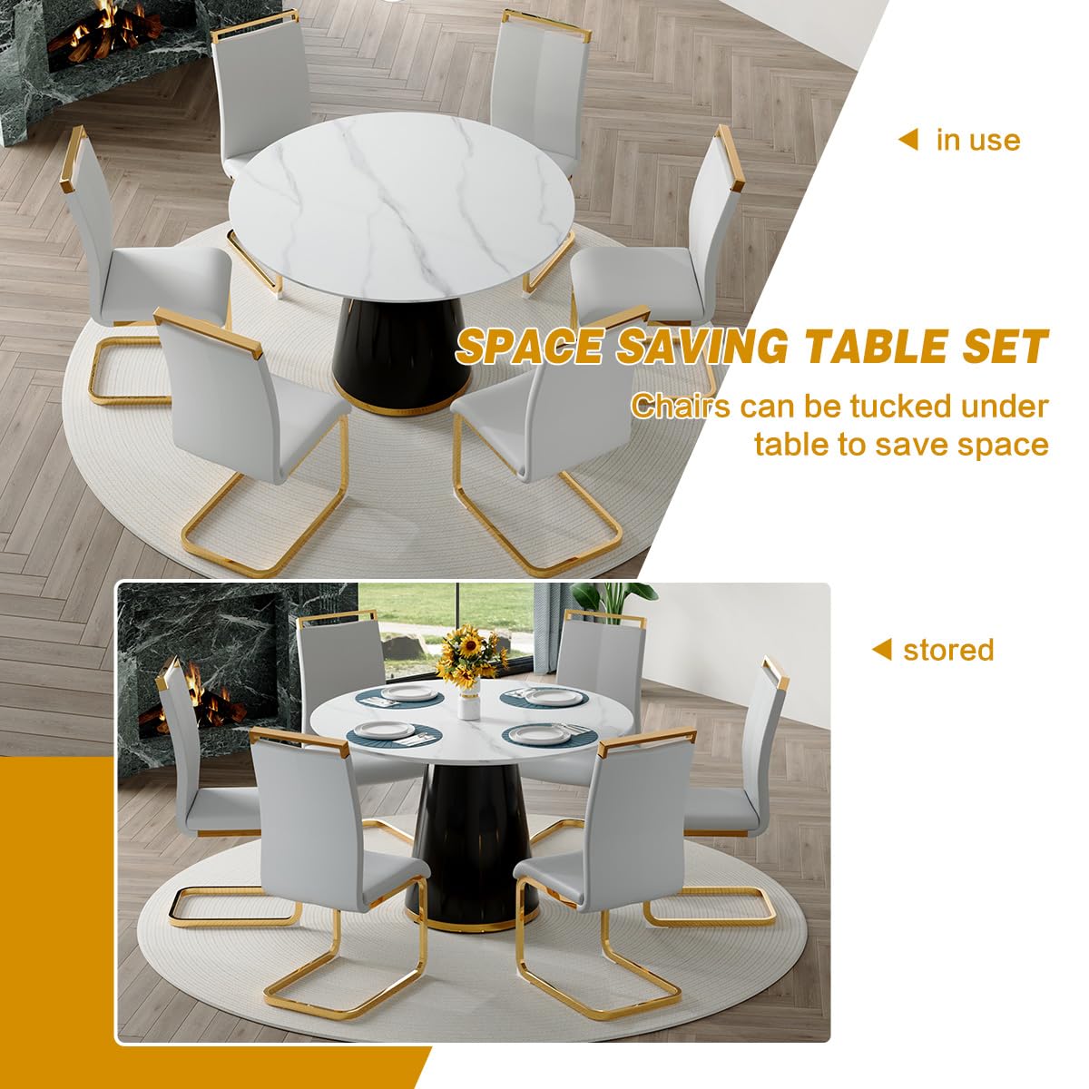 Round Dining Table Set for 6, 45''Round Wooden Dining Set