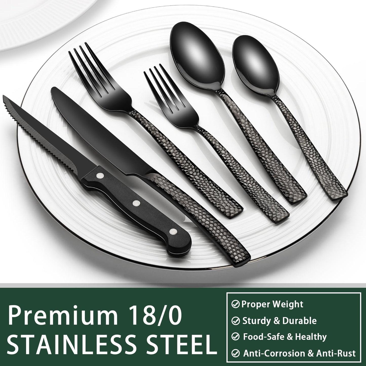 24-Piece Black Silverware Set with Steak Knives, Black Flatware Set for 4