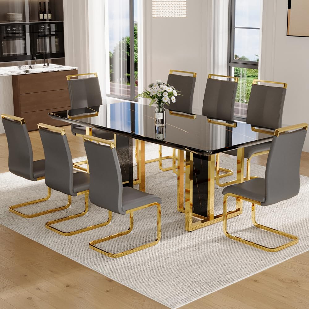 79" Black Modern Dining Table Set for 8,Black Golden Chairs