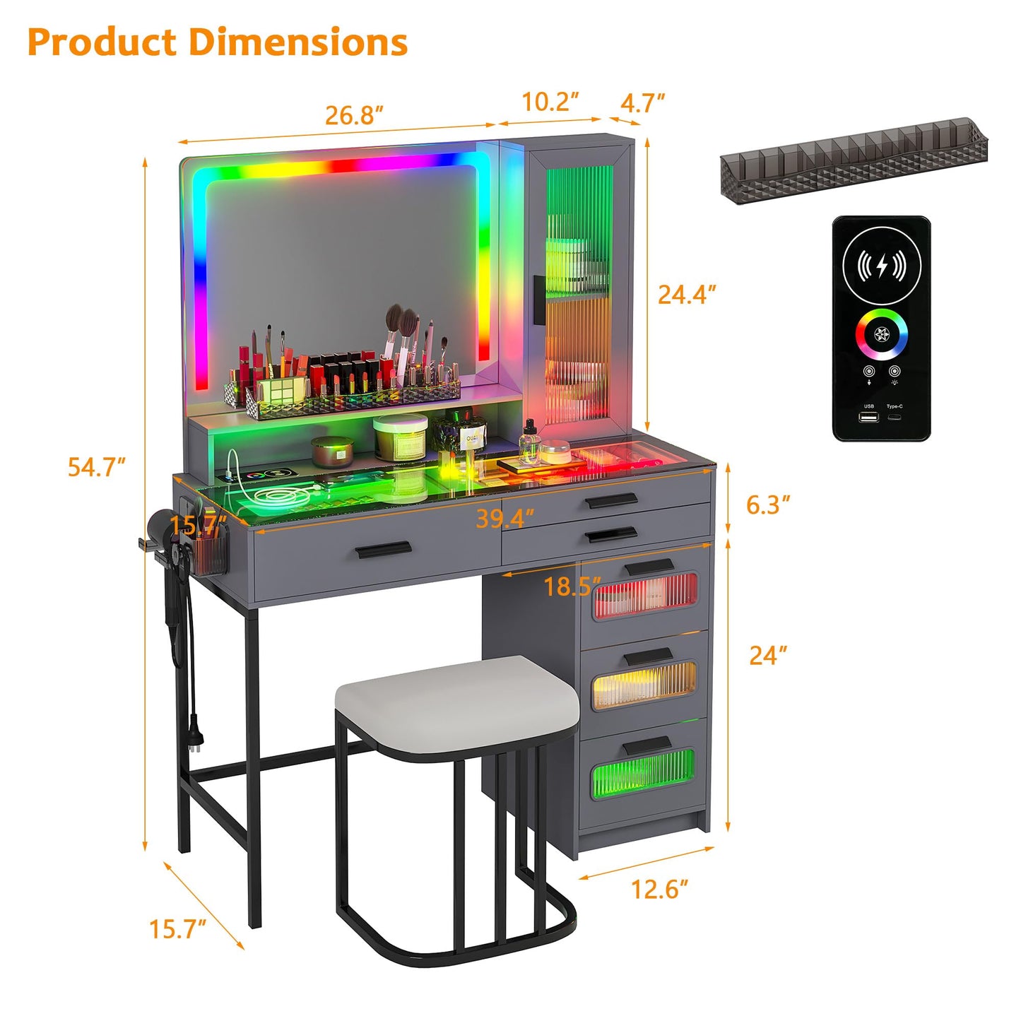 RGB LED Vanity Desk with Mirror and Lights, 39.5" Black Makeup Vanity Table