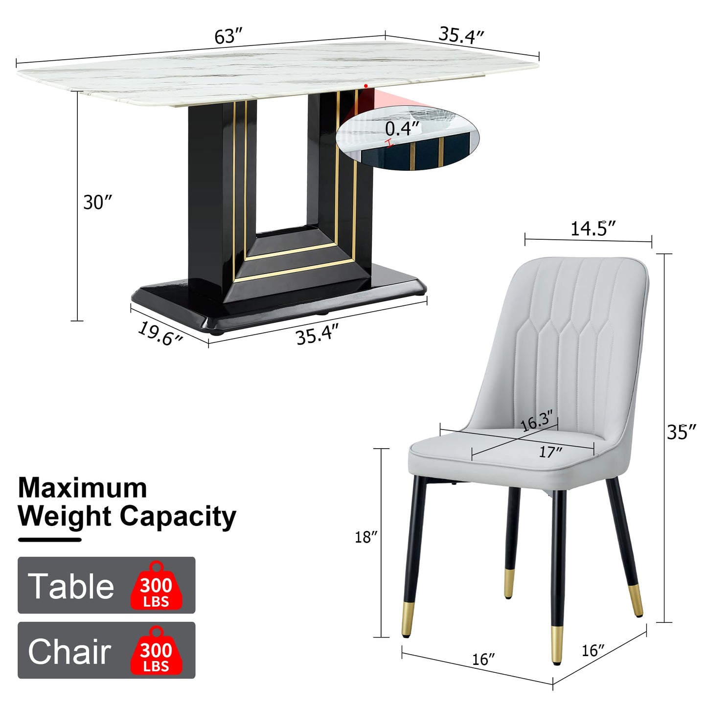 Dining Table Set for 6, White Faux Marble Pattern Table with 6 Modern Dining Chairs