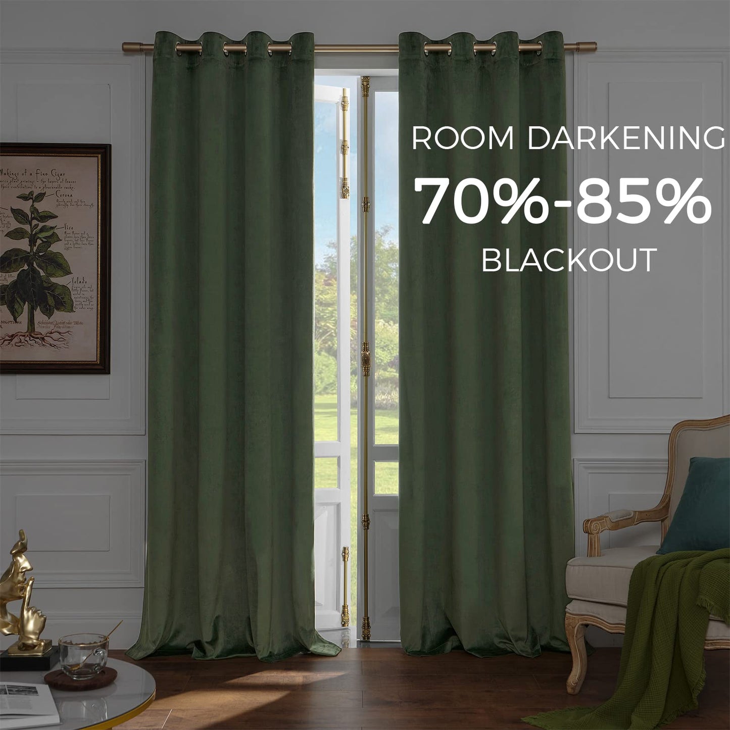 Green Velvet Blackout 90 Inch Curtains, Sage Green, 2 Panels