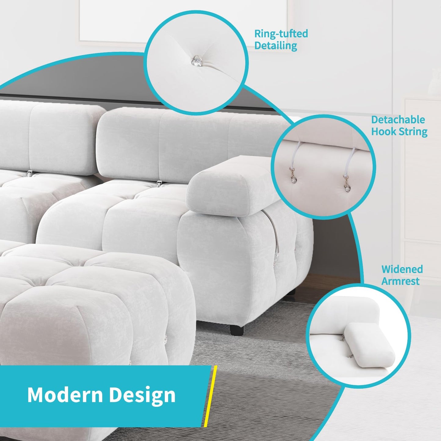 103" W Convertible Modular Sectional Sofa, Luxury Modern 4-Seater Bubble Sofa