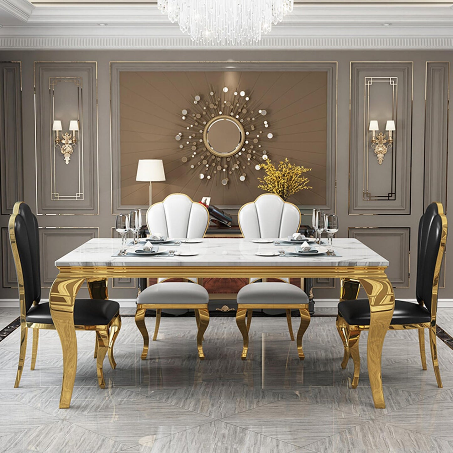 70 Inch White Marble Kitchen Table with Gold Mirrored Cabriole Legs