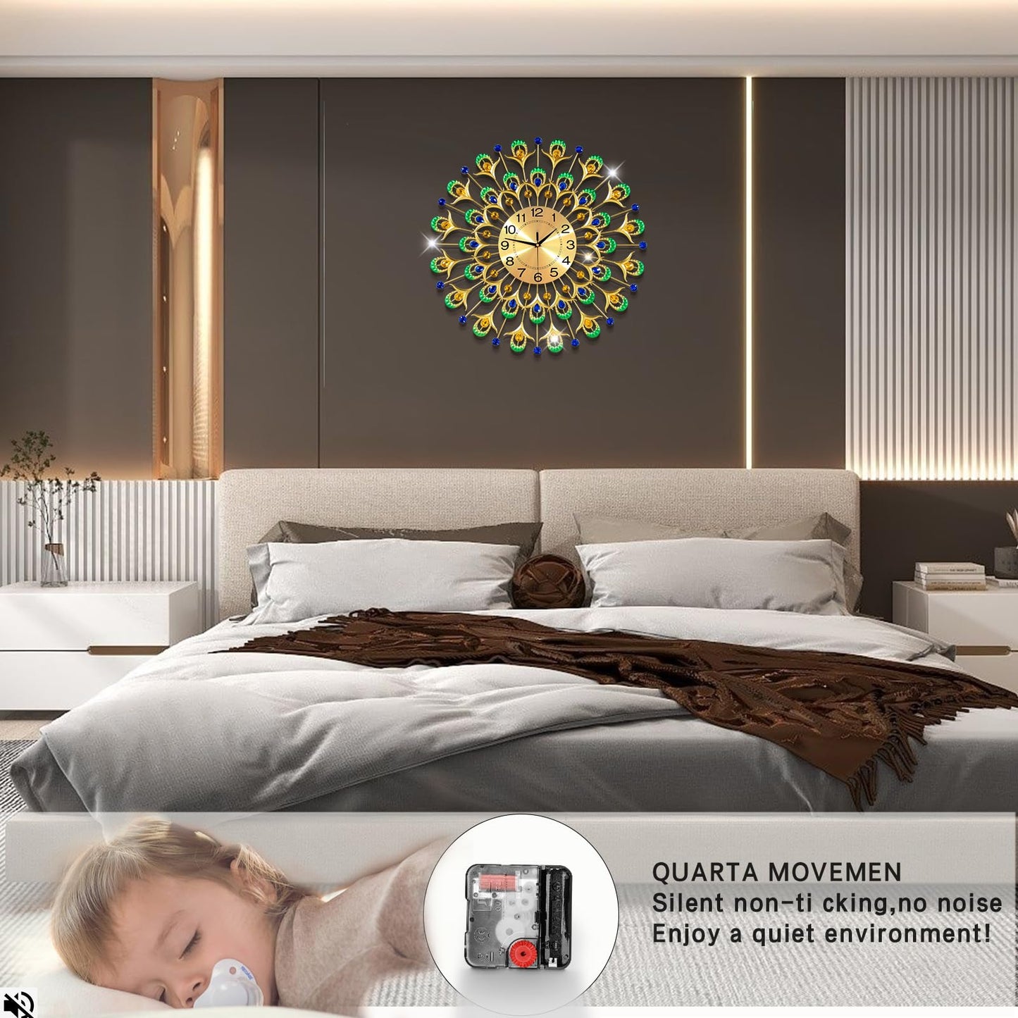 Large Wall Clock Battery Operated 24" Silent Non-Ticking Crystal Round Wall Decoration