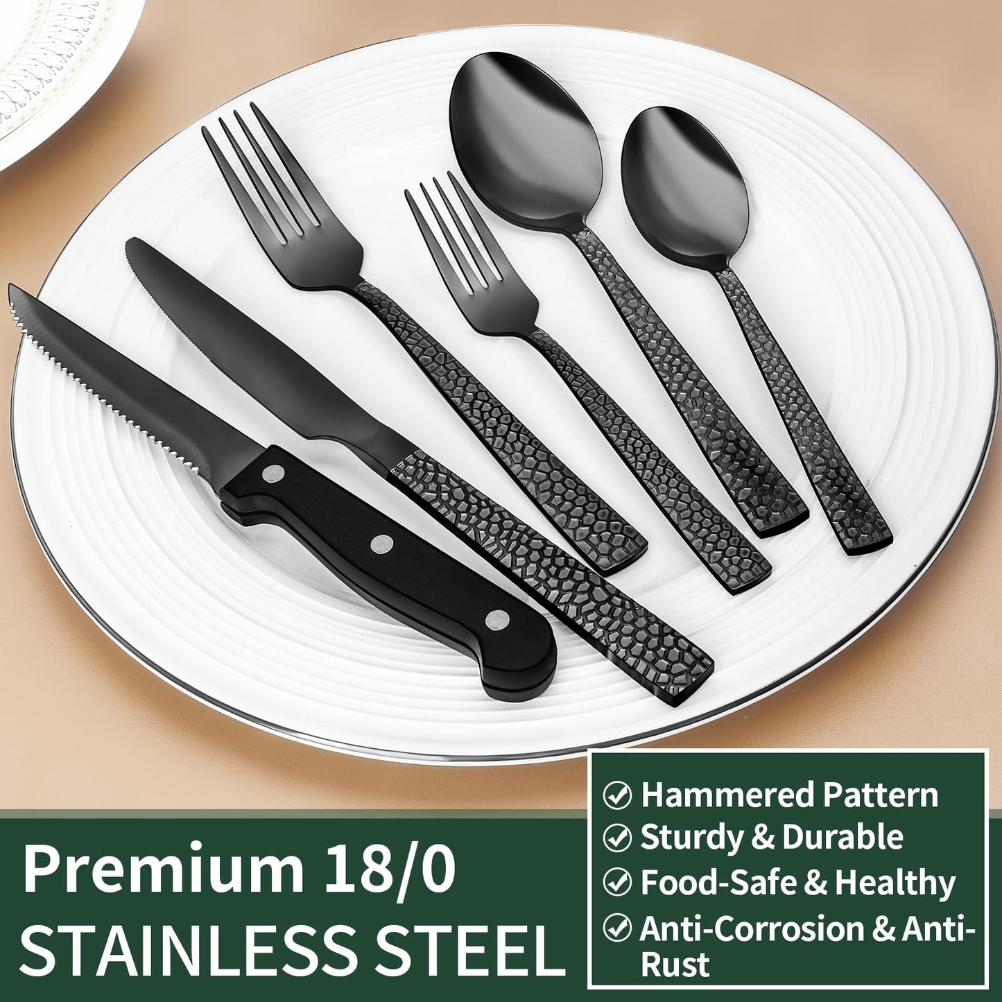 24-Piece Black Silverware Set with Steak Knives, Black Flatware Set for 4