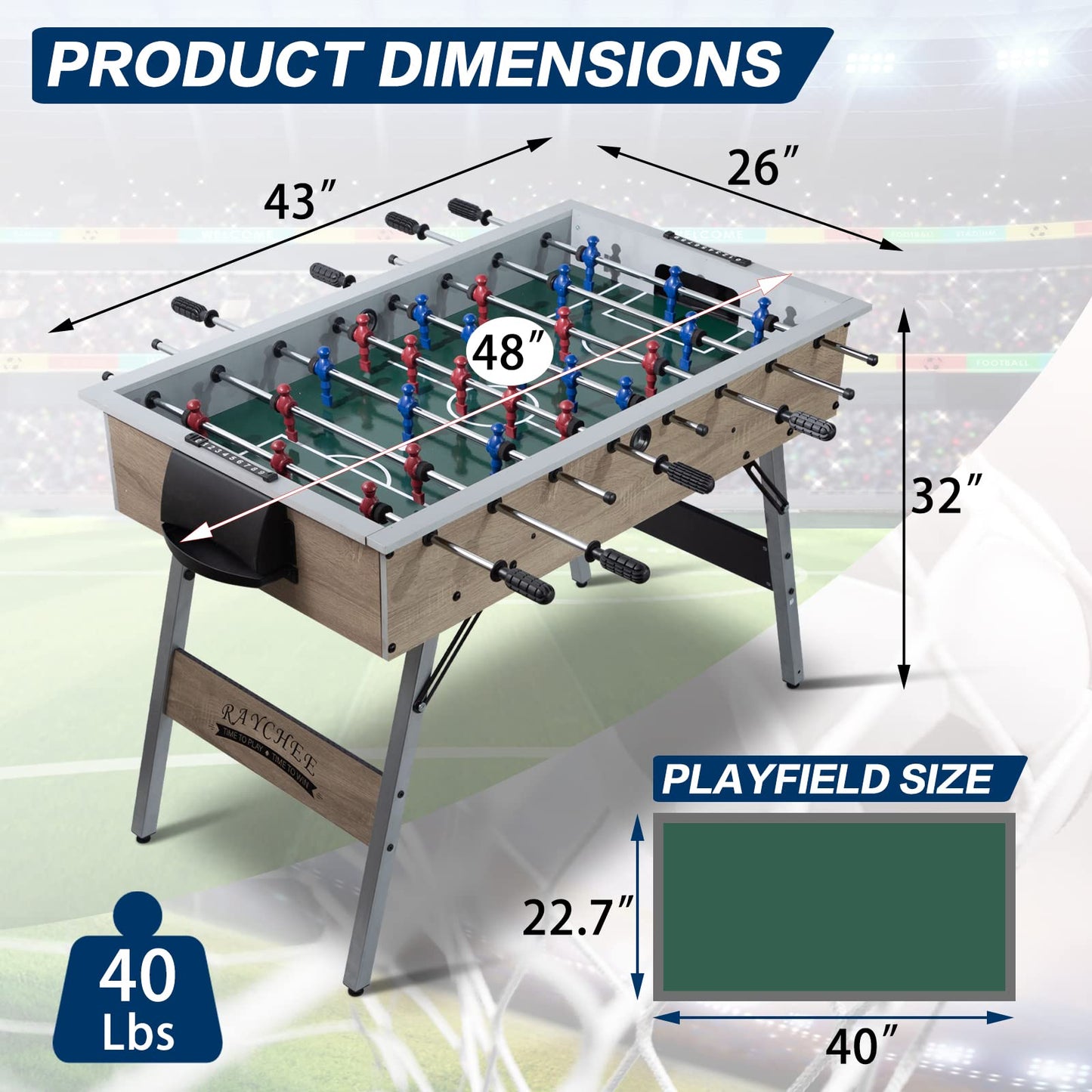 48" Game Room Size Folding Foosball Table, Foldable Space Saving Table Soccer Game