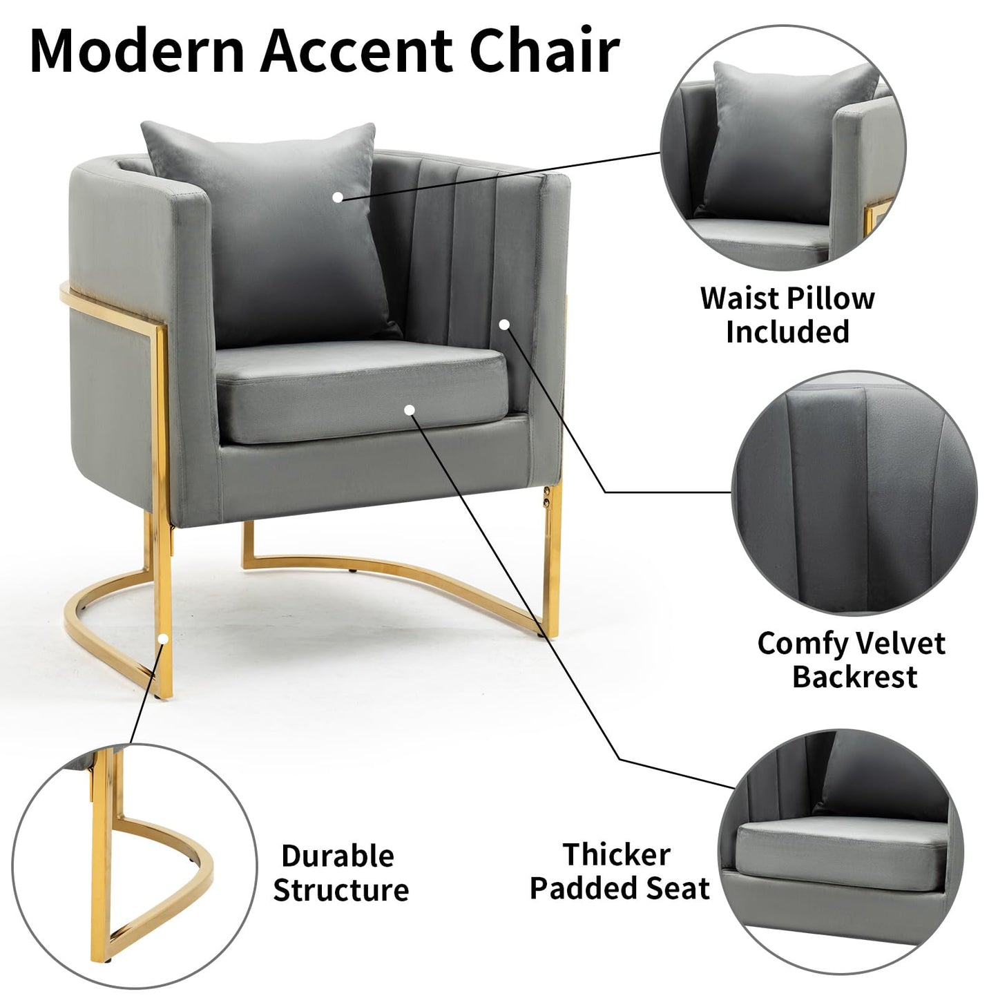 Velvet Modern Accent Chairs Set of 2, Upholstered Barrel Armchair