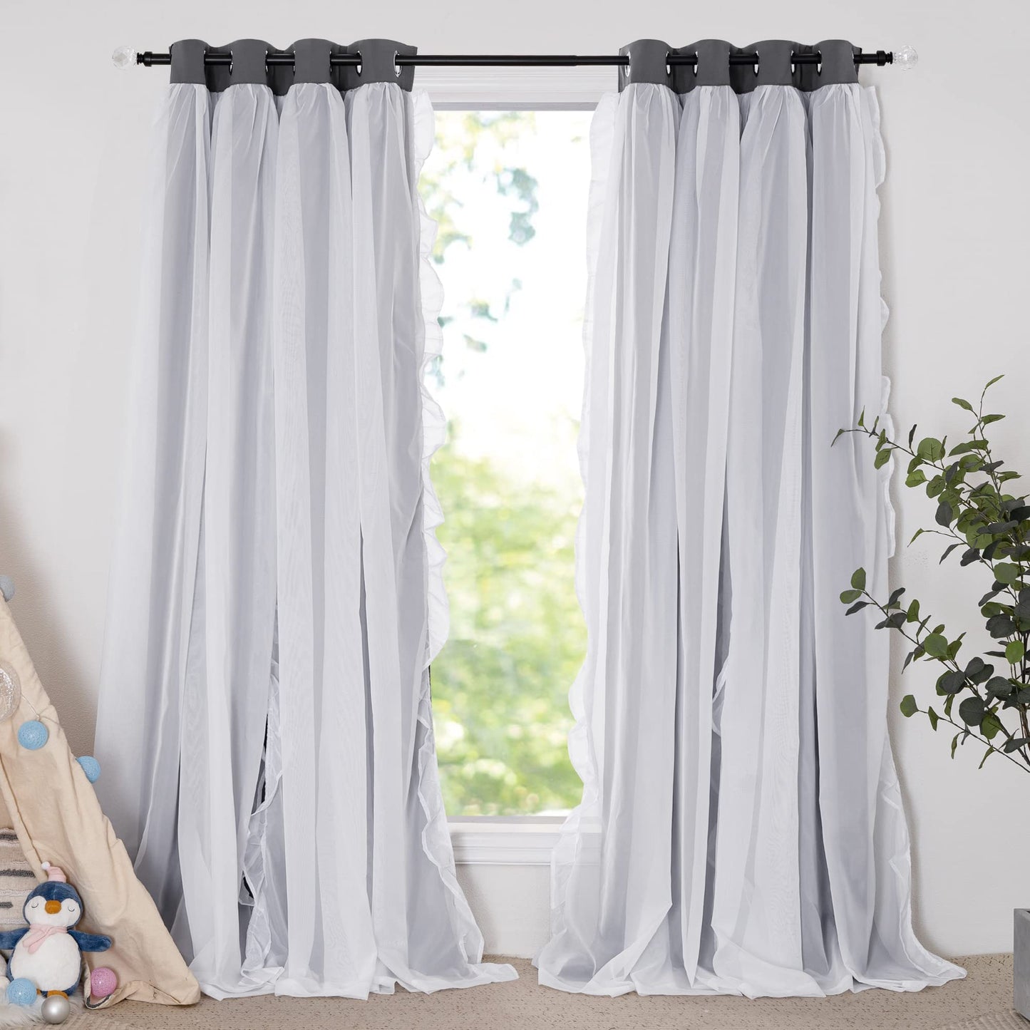 Blackout Window Treatment Double Layer Drapes Ruffle Sheer Overlay 2 Panels