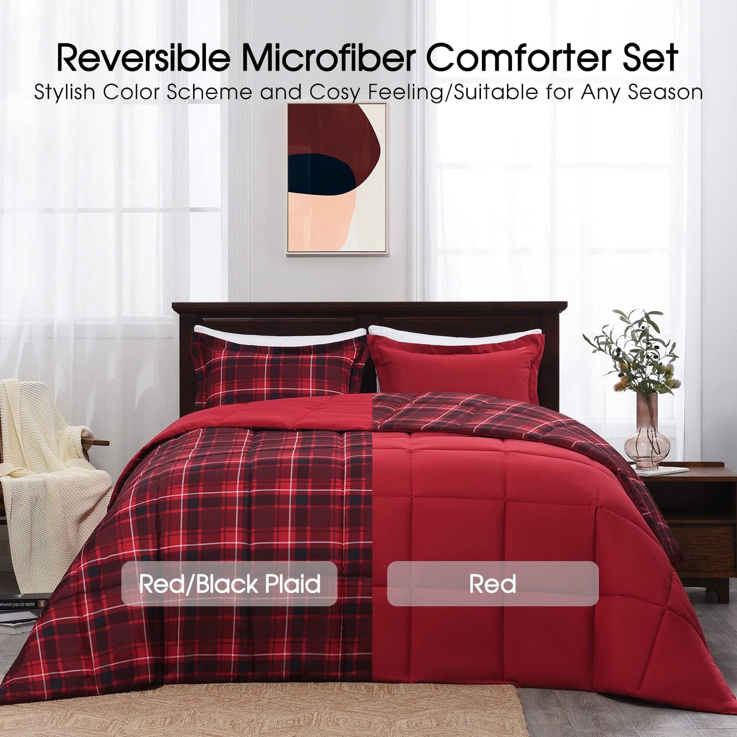 Red and Black Comforter Set Queen Size, Reversible and 2 Pillow Shams