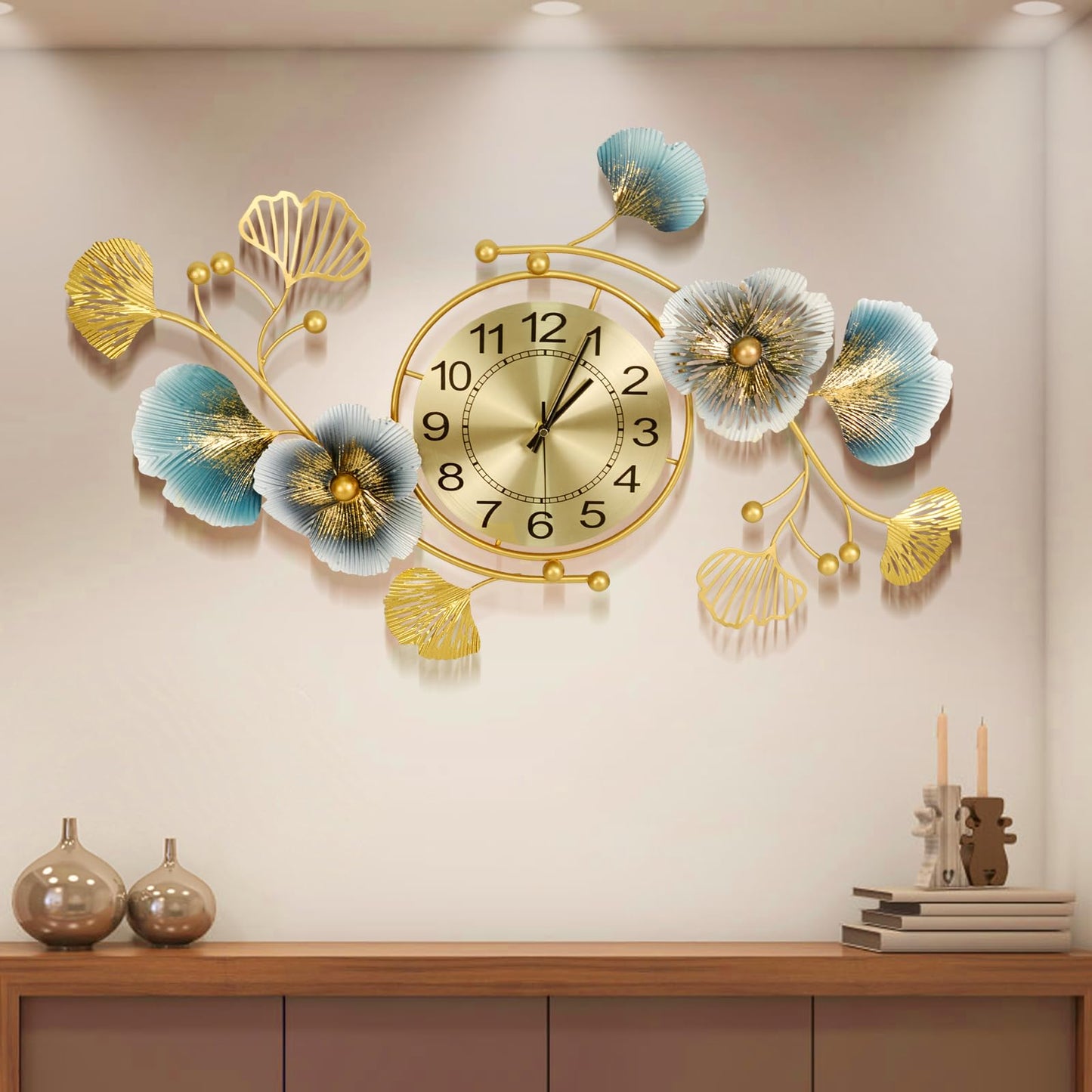 37 Inch Creative Metal Ginkgo Leaf Design Silent Non Ticking Gold Decoration Clocks