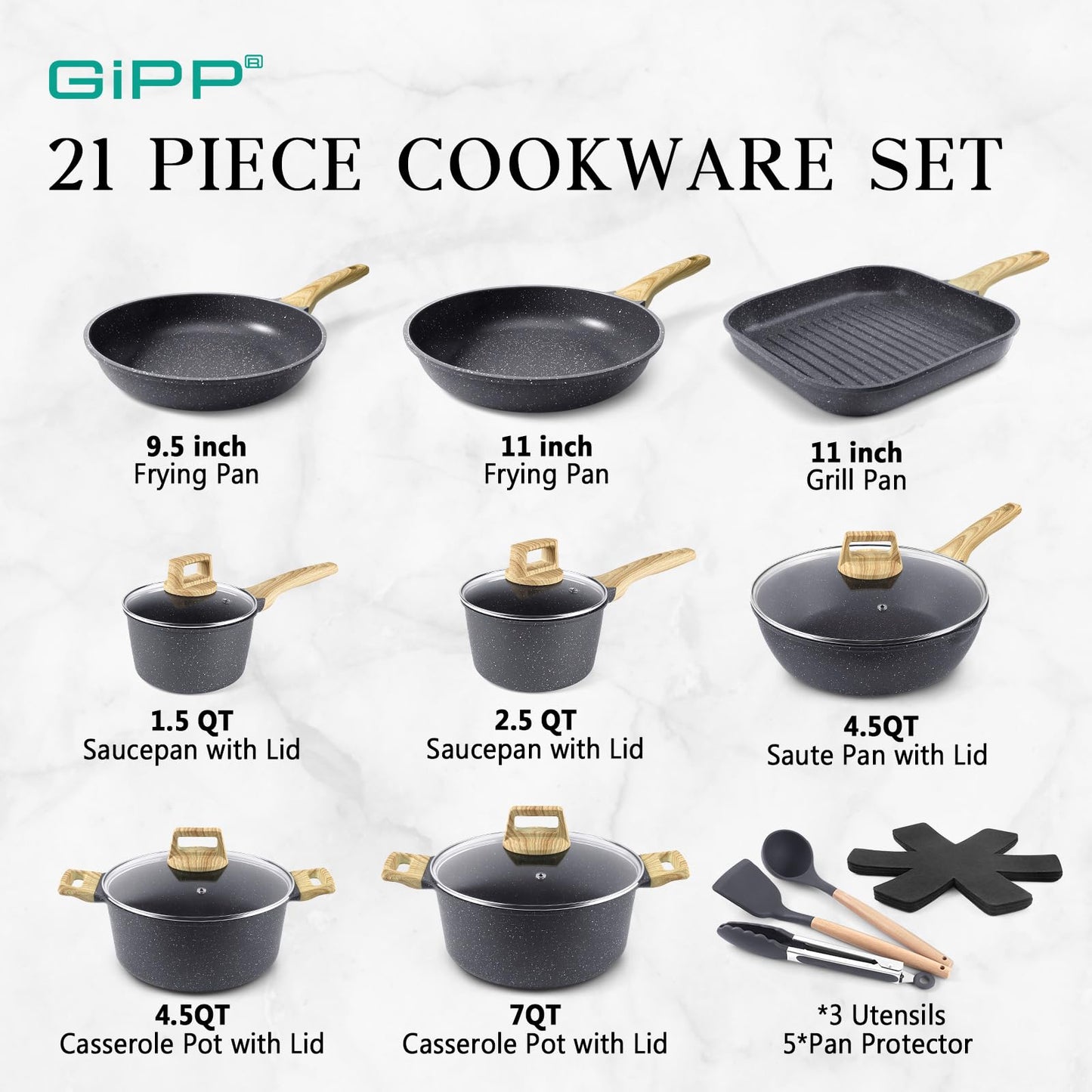 Pots and Pans Set Non Stick - 10 Pcs White Granite Kitchen Cookware Sets