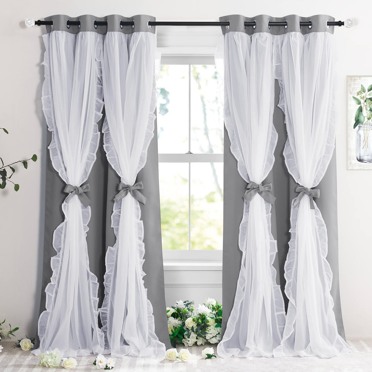 Blackout Window Treatment Double Layer Drapes Ruffle Sheer Overlay 2 Panels