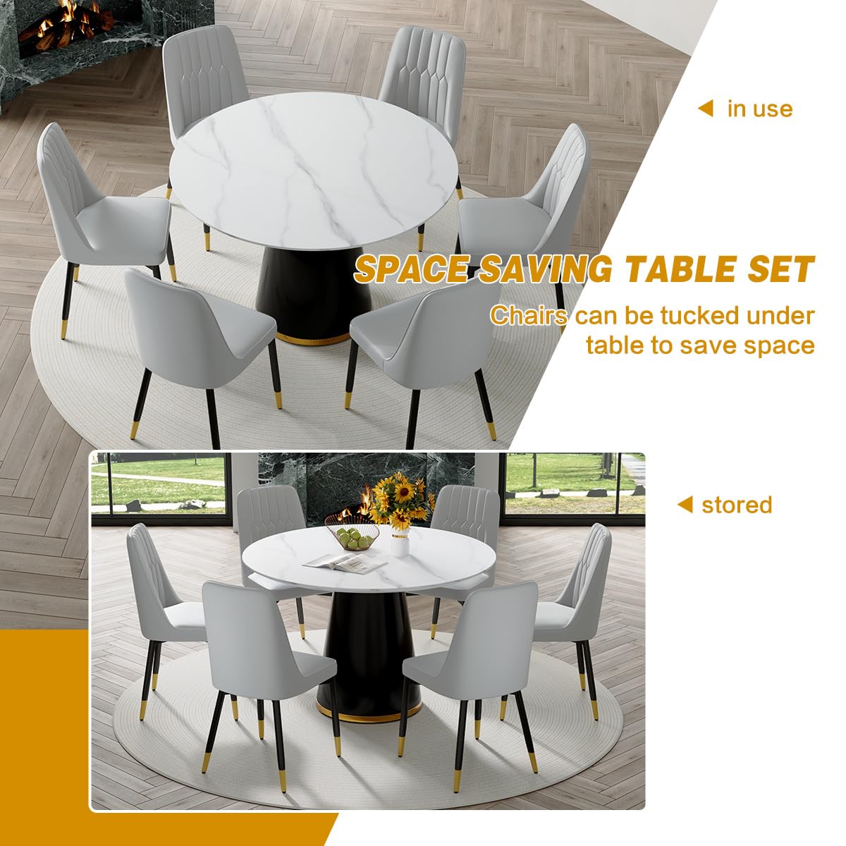 Round Dining Table Set for 6, 45''Round Wooden Dining Set