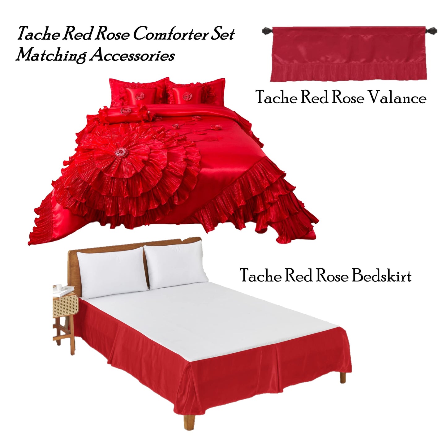 Solid Bright Red Satin Bedding Ruffle Comforter Queen Comforter Set Red