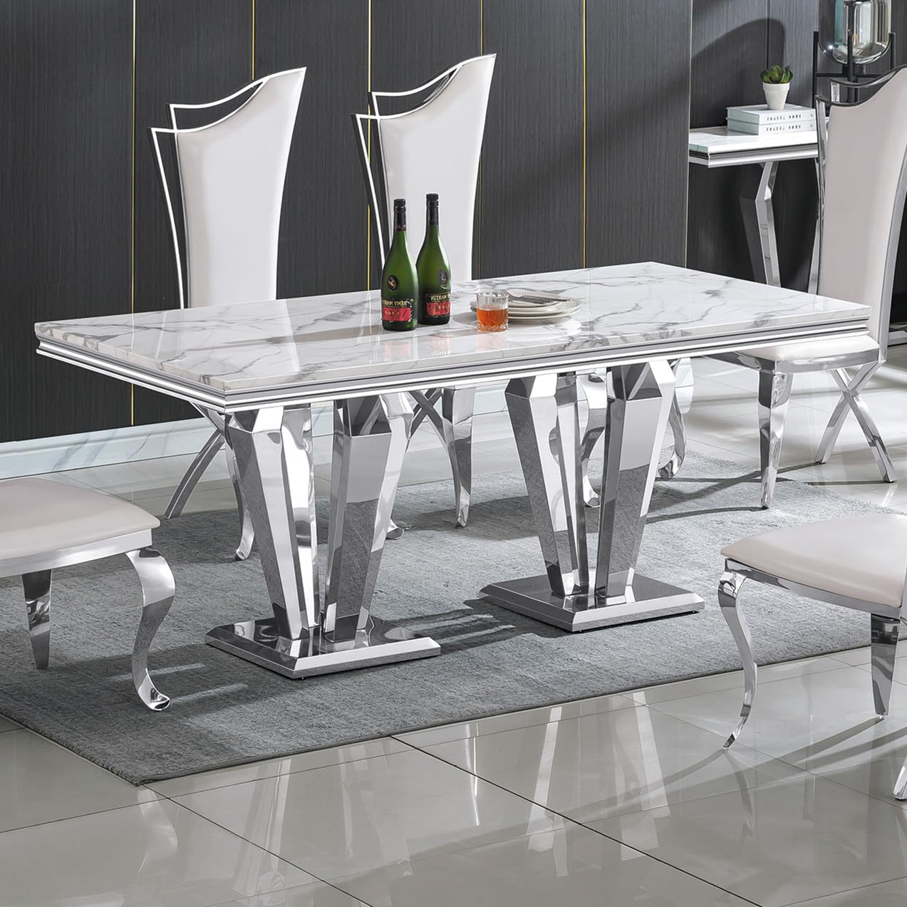 70 Inch White Marble Kitchen Table with Gold Mirrored Cabriole Legs