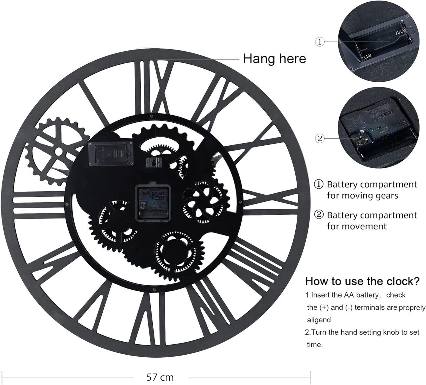 Gear Clock with Moving Gears Exposed, Farmhouse Rustic Large Wall Clock