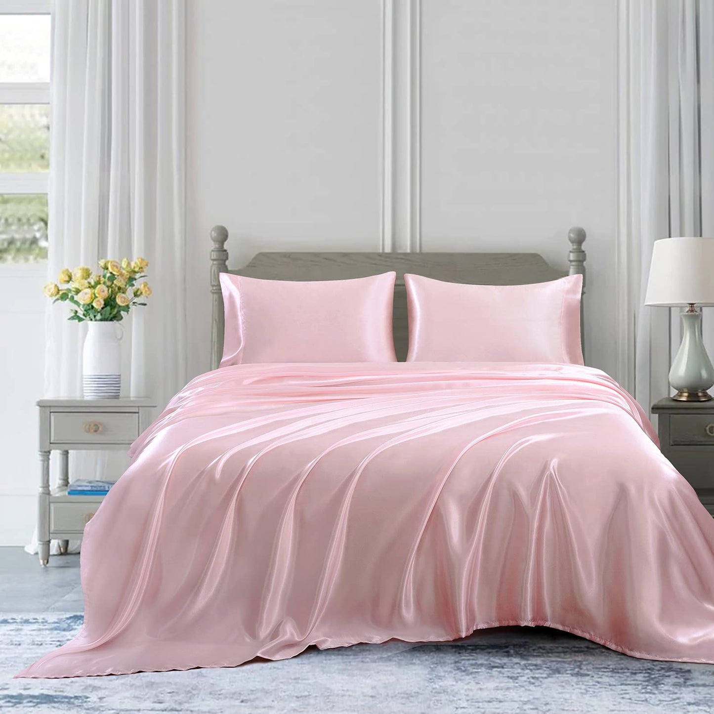 4pcs Satin Sheets Set Luxury Silky Satin Bedding Set with Deep Pocket