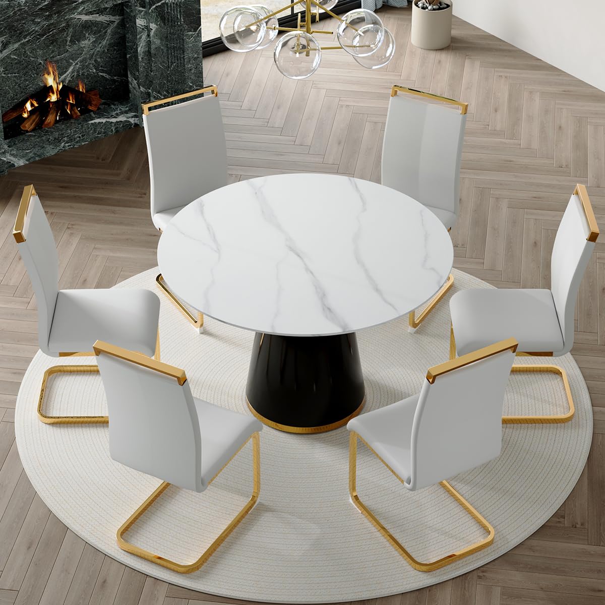 Round Dining Table Set for 6, 45''Round Wooden Dining Set