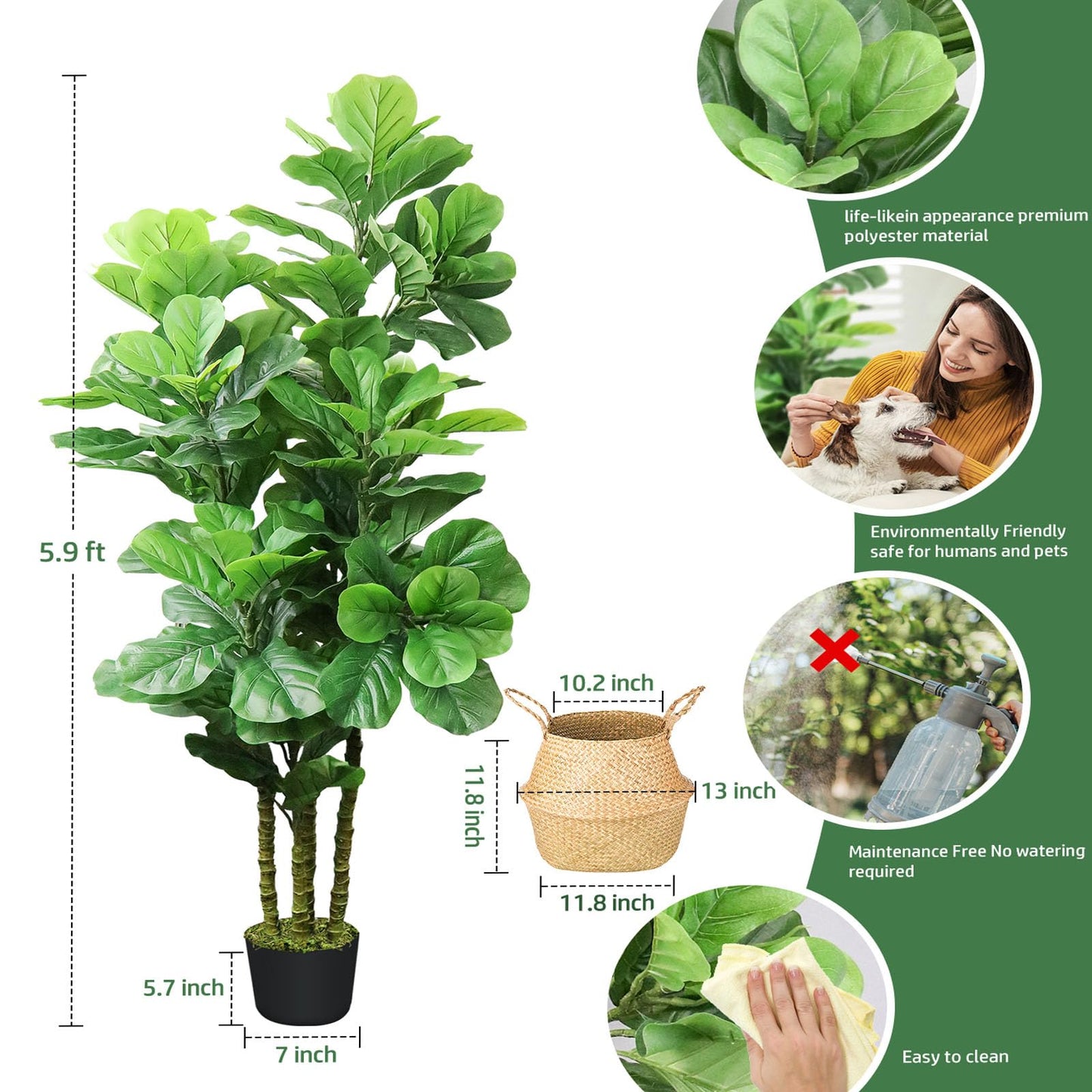 6ft  Artificial Fiddle Leaf Fig Tree Fake Tree Faux Plant