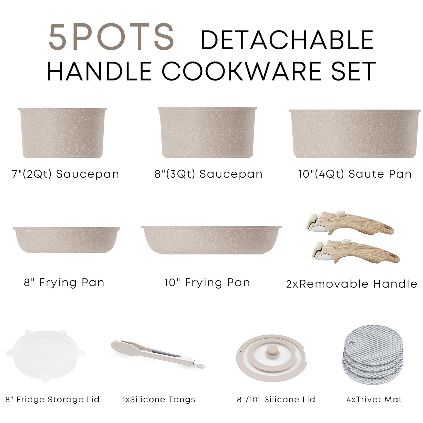 Pots and Pans Set Nonstick, Detachable Handle Cookware Sets, Stackable