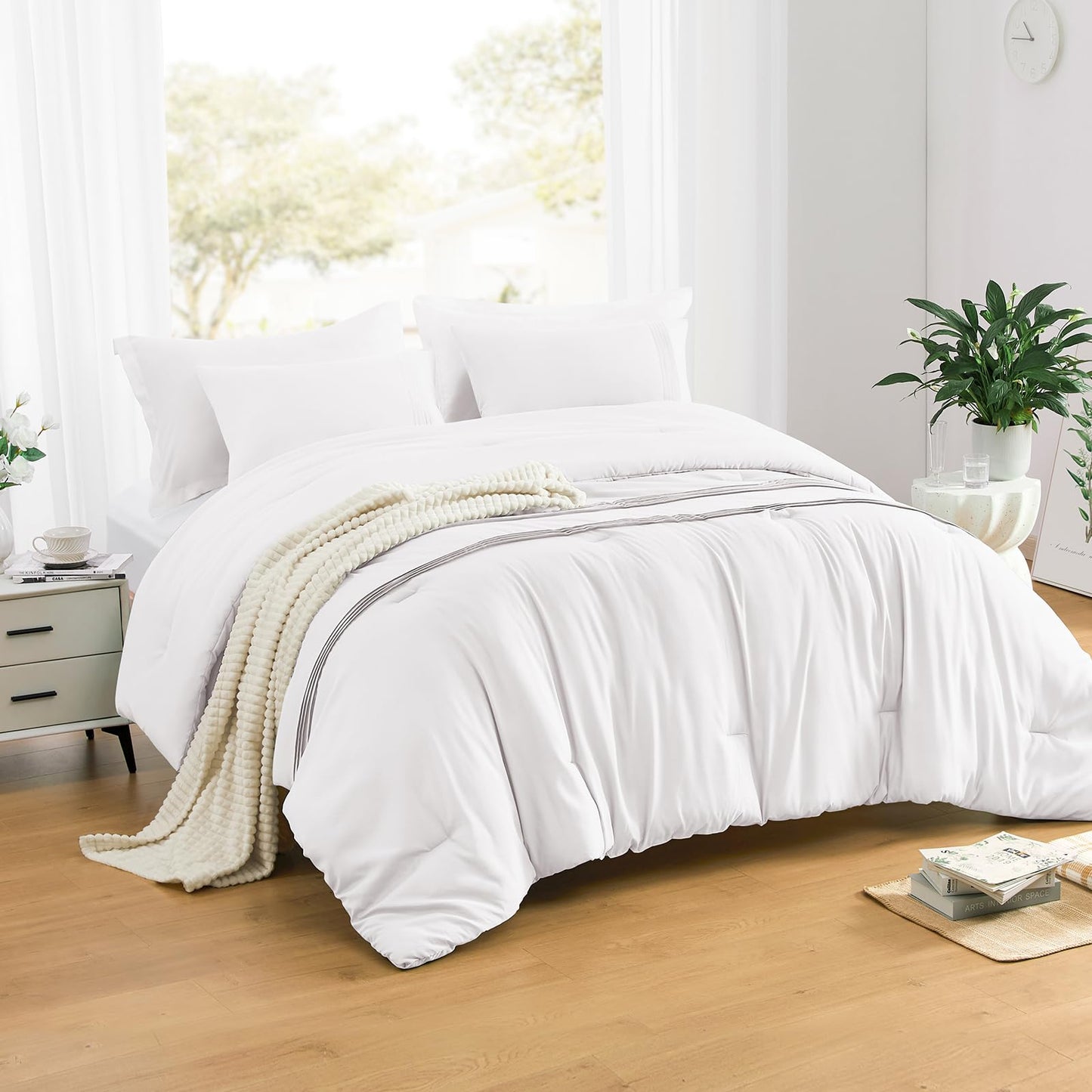 Lightweight Beige Comforter Set Queen Size, Fluffy Comforters