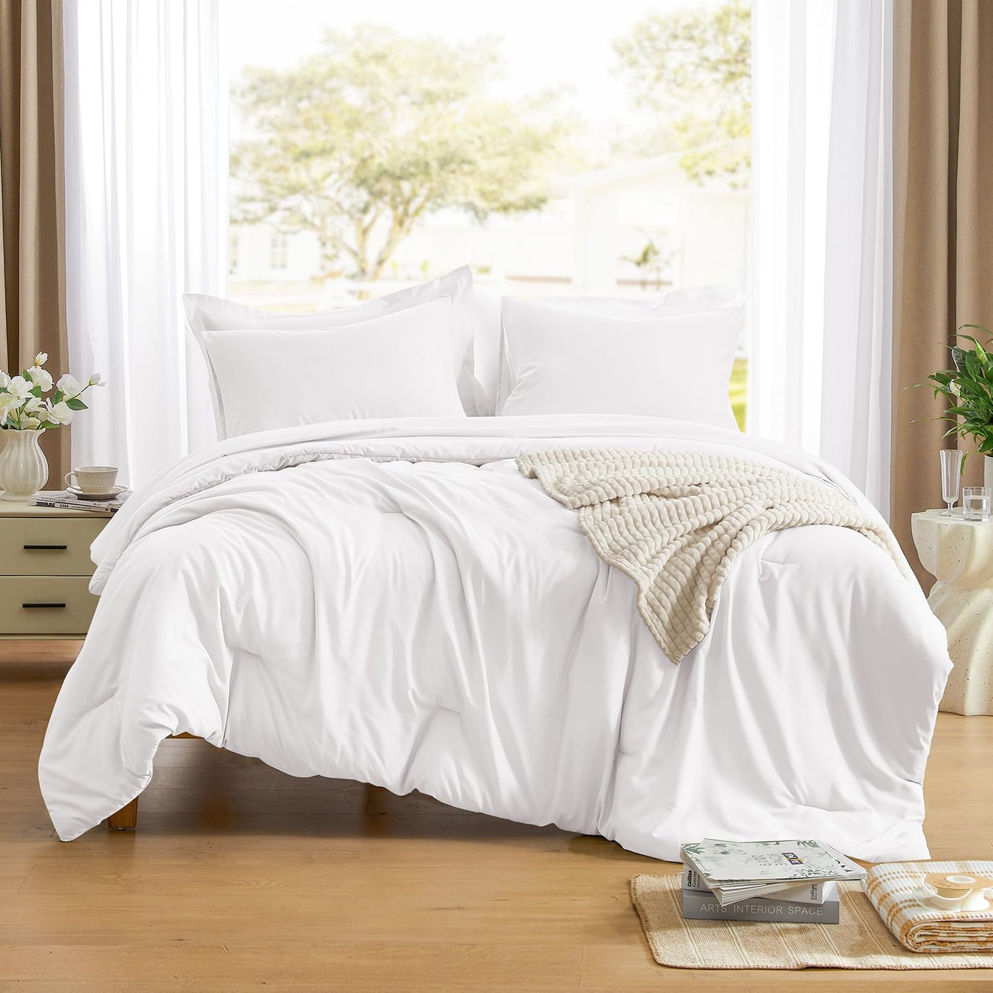 Lightweight Beige Comforter Set Queen Size, Fluffy Comforters