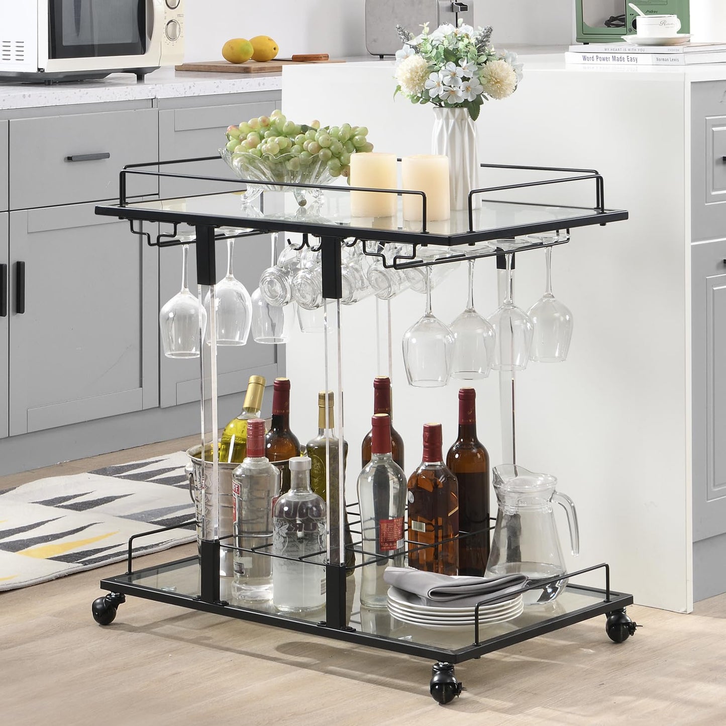 Silver Bar Cart Home Bar Serving Cart with Wine Rack 2-Tier Acrylic