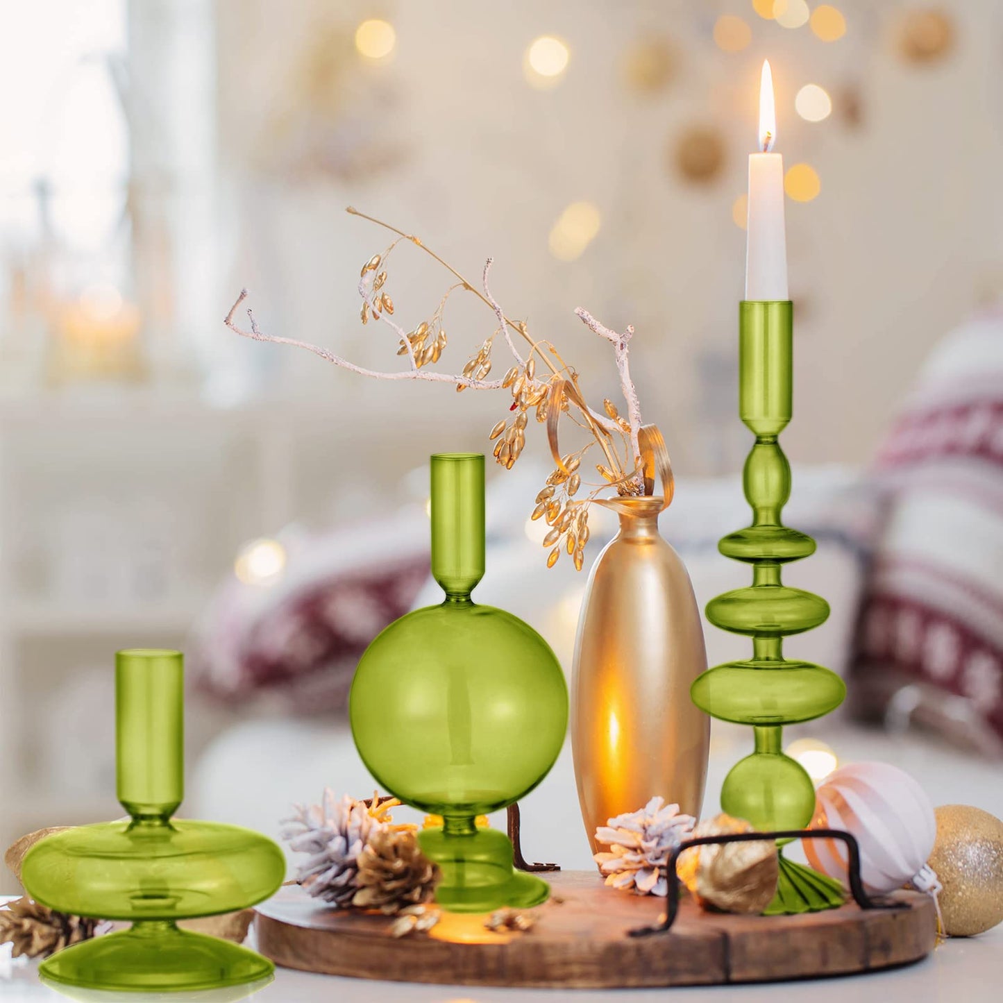 3 Pcs Glass Candlestick Holders Glass Taper Candle Holders (Green)