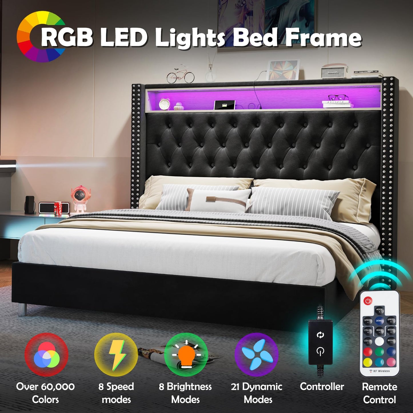 LED King Size Bed Frame and Headboard with Charging Station Velvet Upholstered