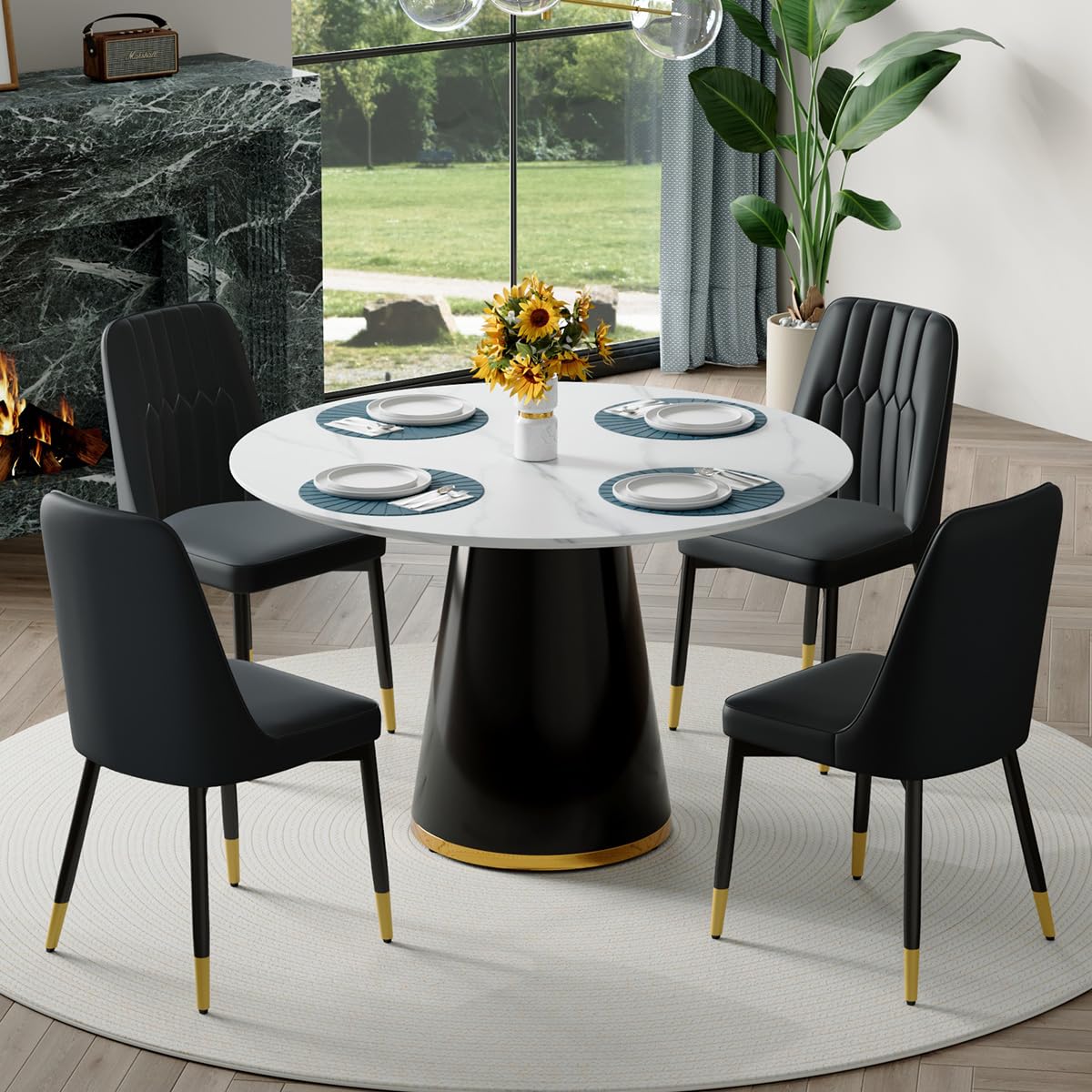 Round Dining Table Set for 6, 45''Round Wooden Dining Set