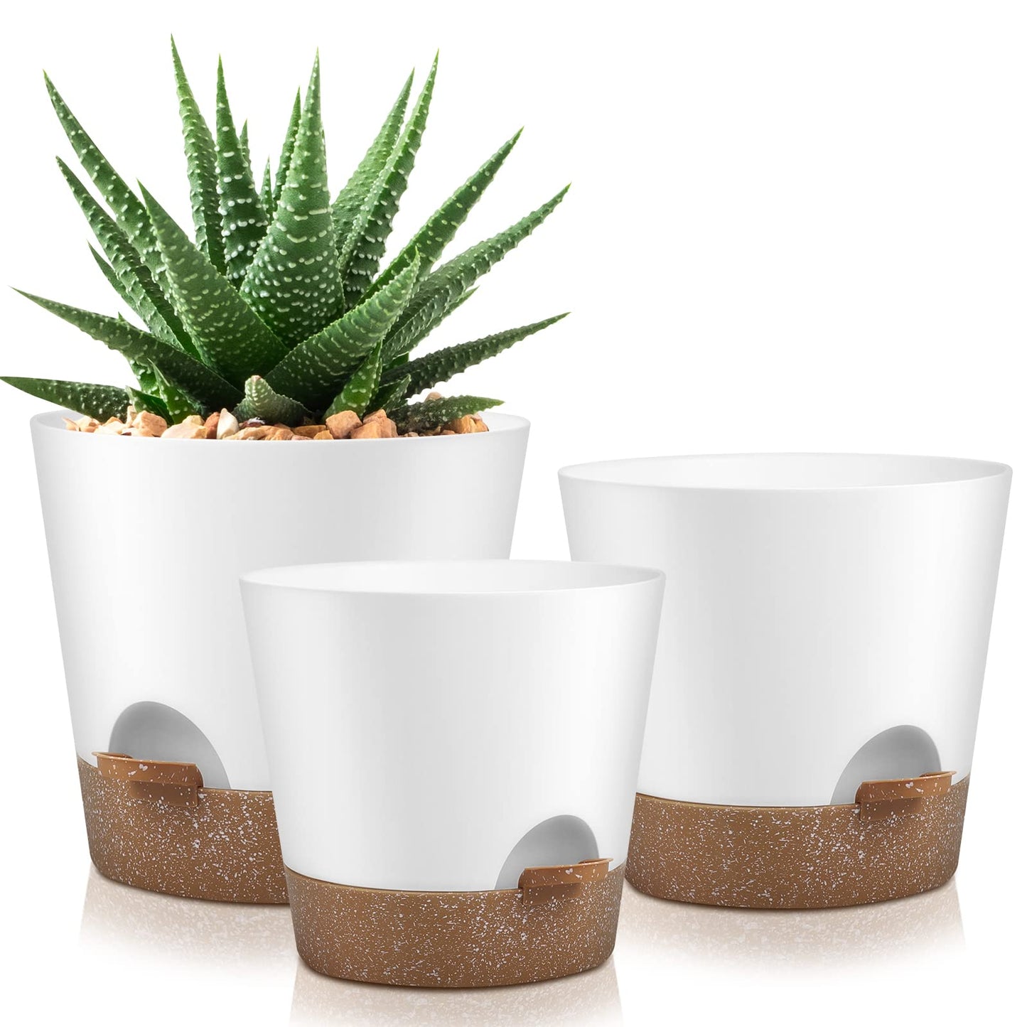 Indoor Self Watering Planters with Drainage Holes and Saucers, Black, 6 Pots