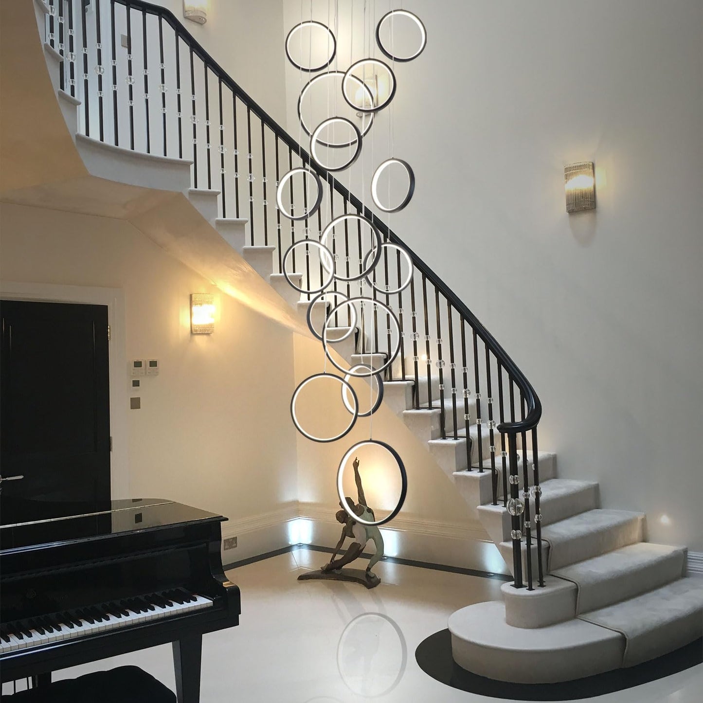 Gold Staircase Hanging 12 Ring Long Led Chandelier Dimmable with Remote Controller