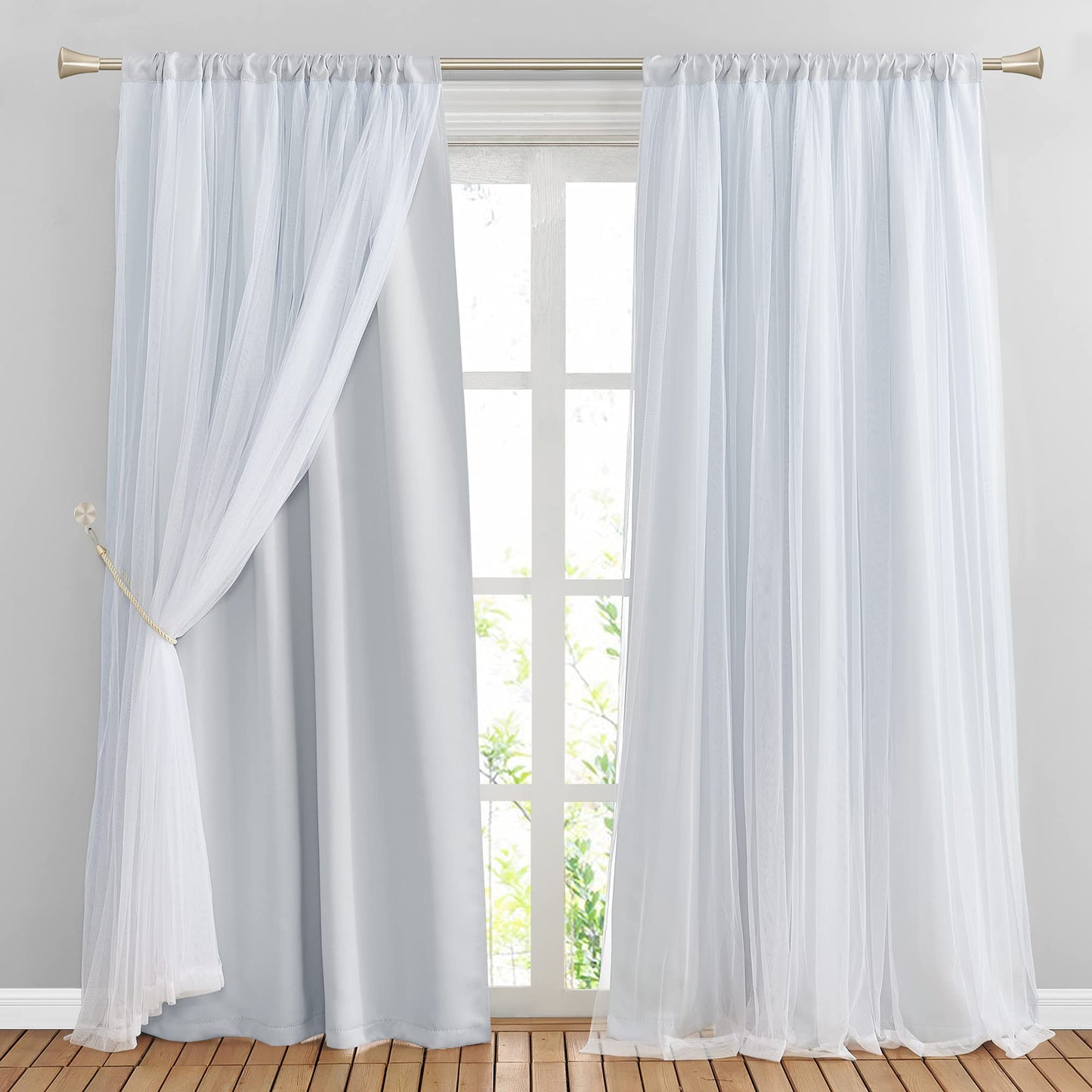 Double-Layered Curtains with Tie-Backs Sheer Drapes Light Blocking, 2 Pcs