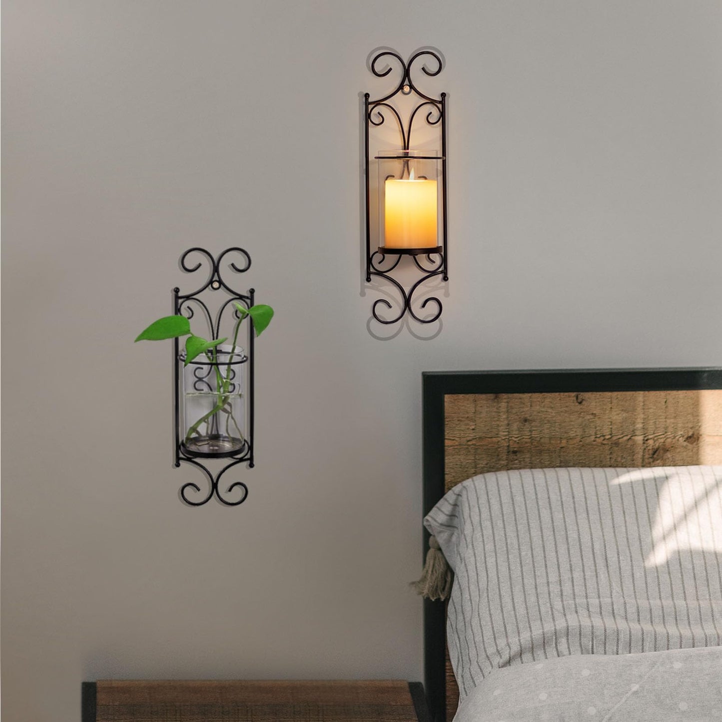 Candle Sconces Wall Decor - Set of 2 Black Candle Holders for Pillar