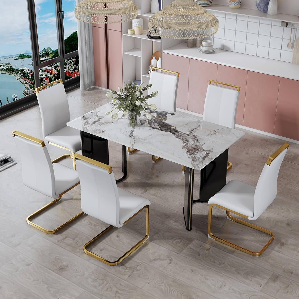 Dining Table Set for 6, White Faux Marble Pattern Table with 6 Modern Dining Chairs