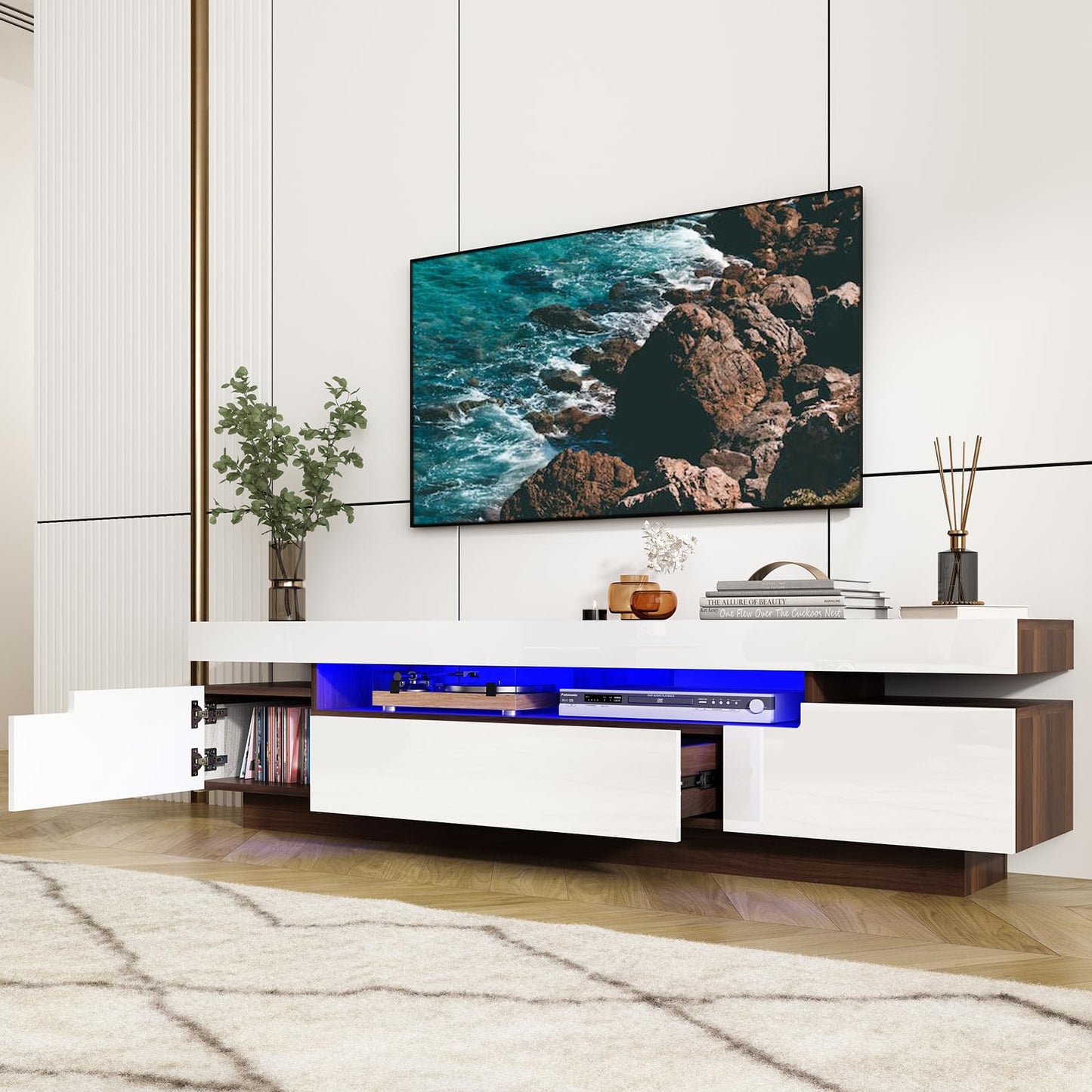 70IN White TV Stand for 75/80 inch TV,Modern LED TV Stand for Living Room