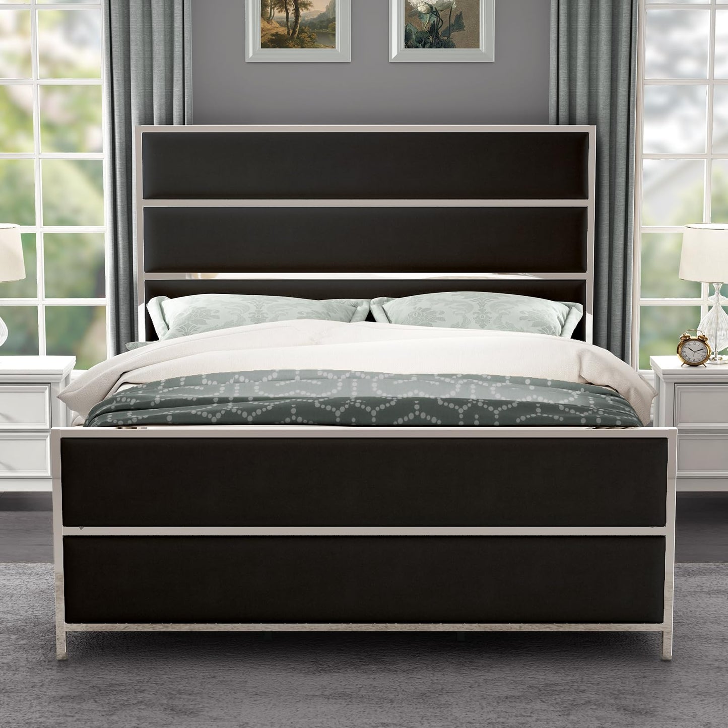 Velvet Upholstered Platform Bed with Channel Tufted and Silver Trim