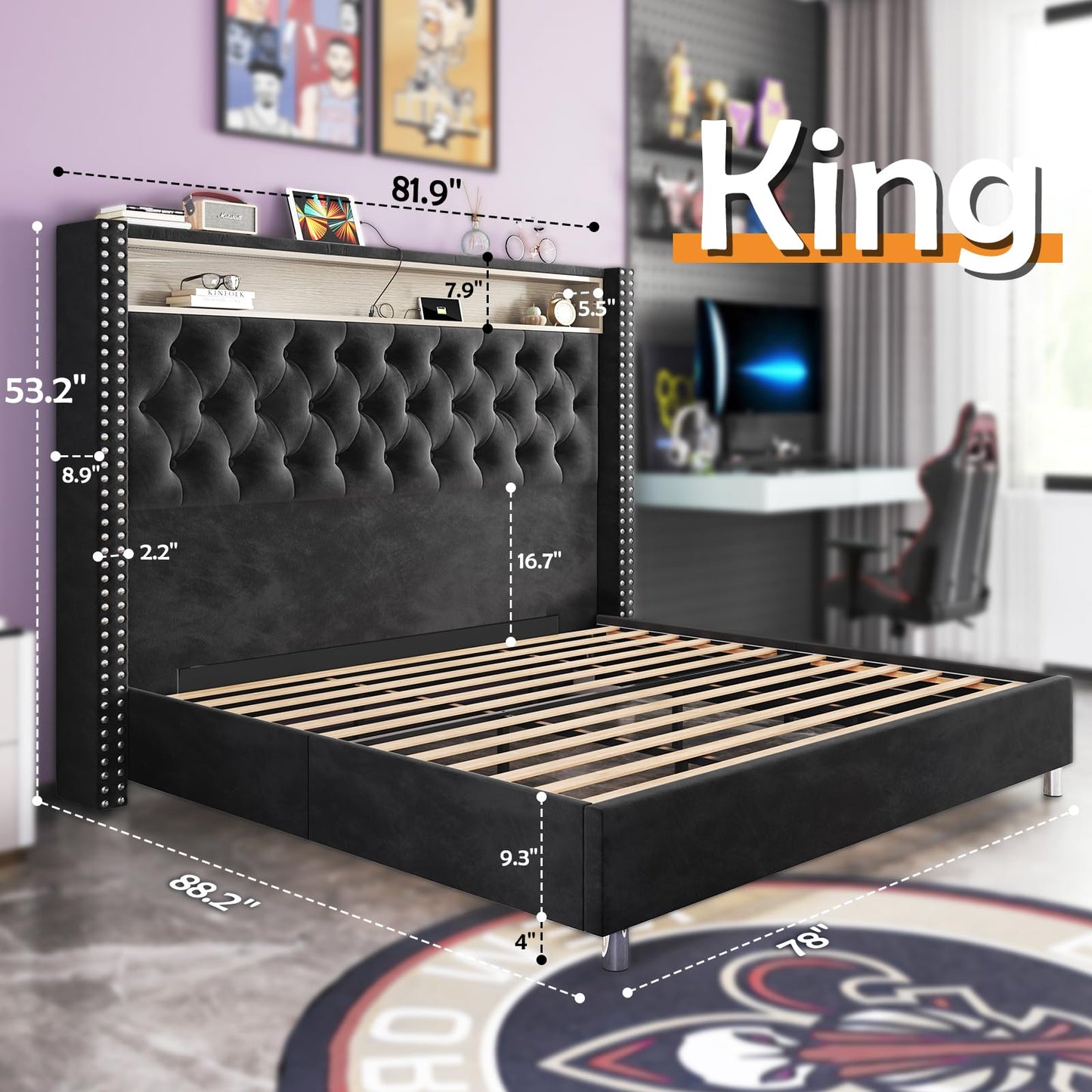 LED King Size Bed Frame and Headboard with Charging Station Velvet Upholstered