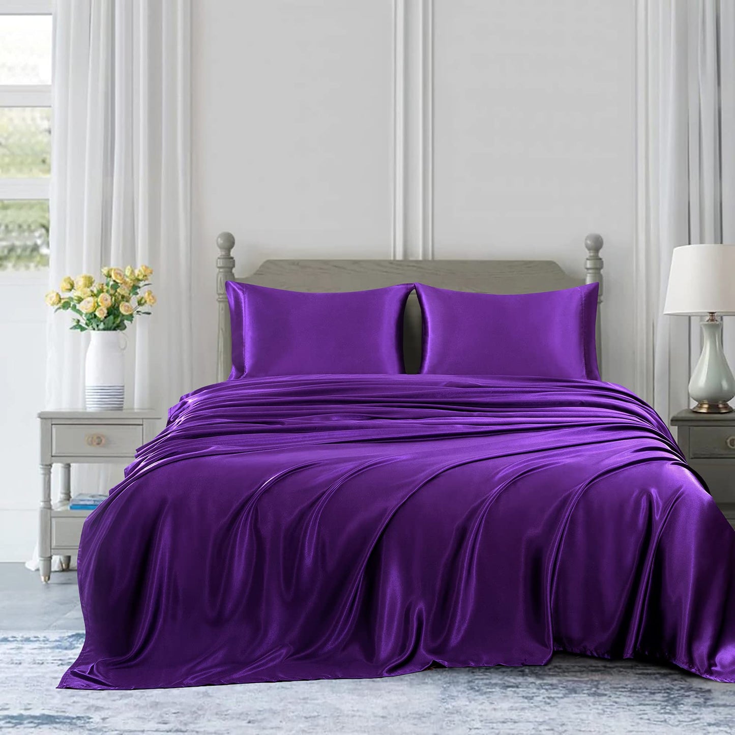 4pcs Satin Sheets Set Luxury Silky Satin Bedding Set with Deep Pocket