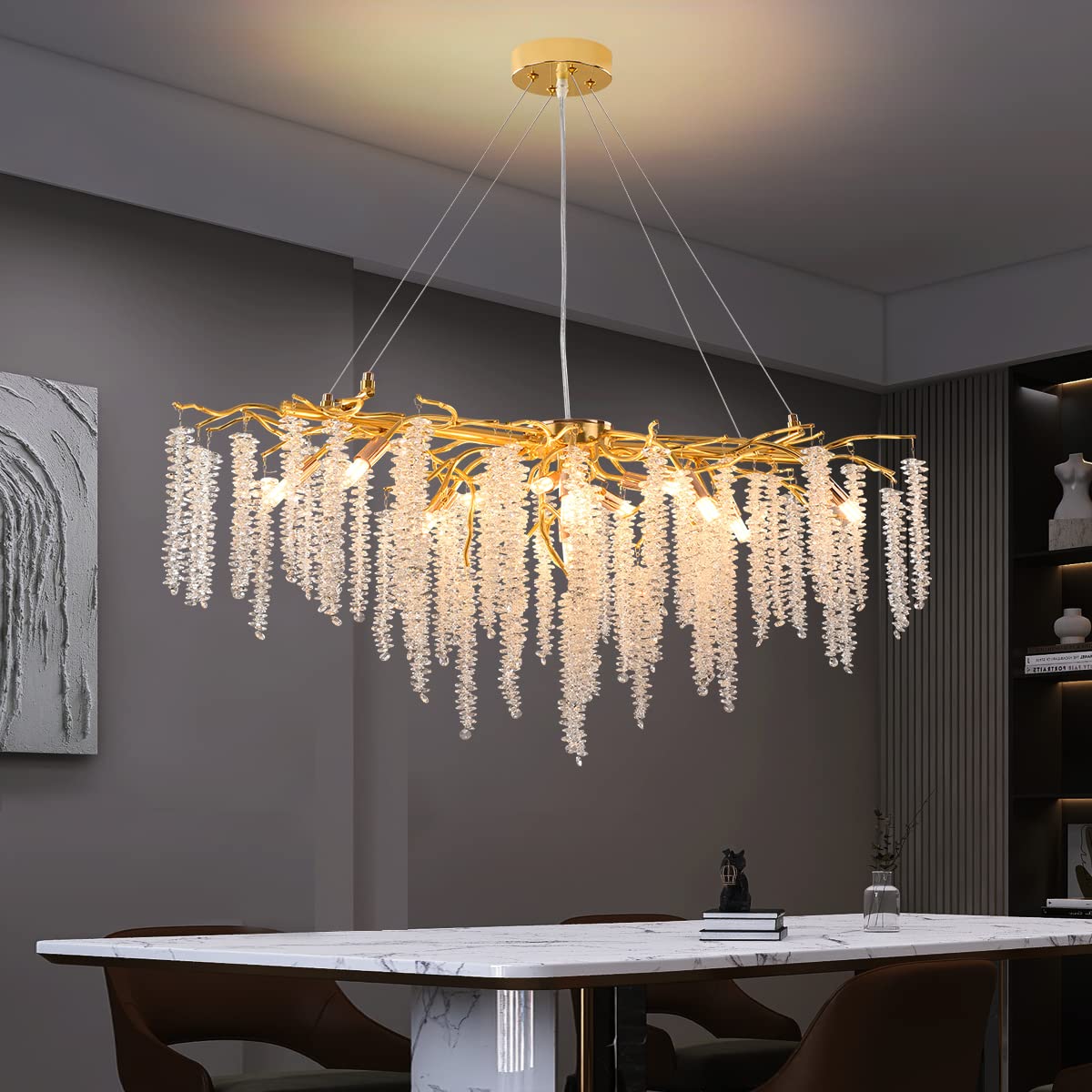 Modern Crystal Tree Branches Chandelier Gold Round Raindrop