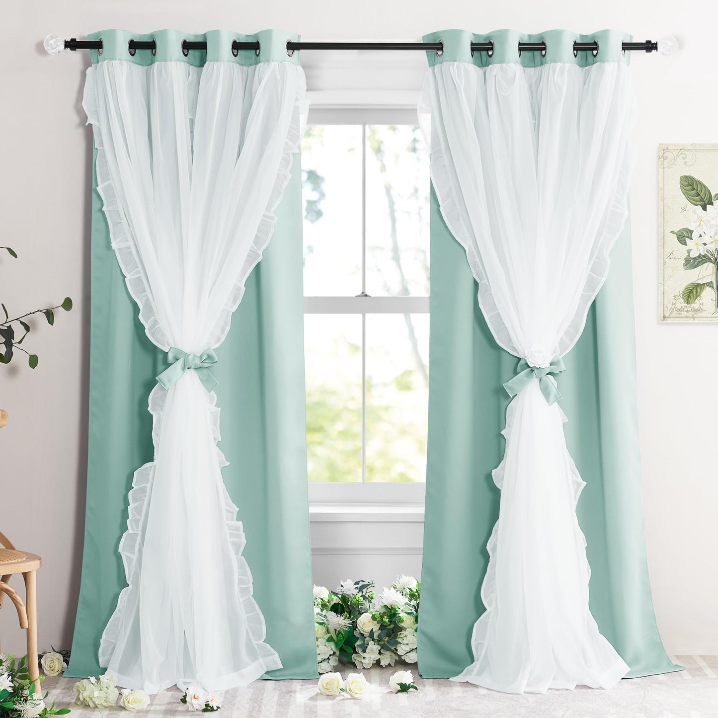 Blackout Window Treatment Double Layer Drapes Ruffle Sheer Overlay 2 Panels